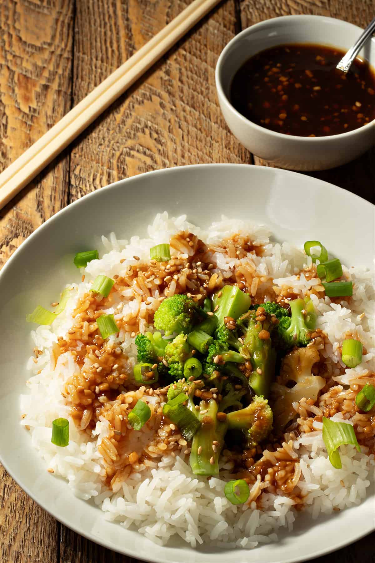 bowl of rice and broccoli with 10 minute stir fry sauce