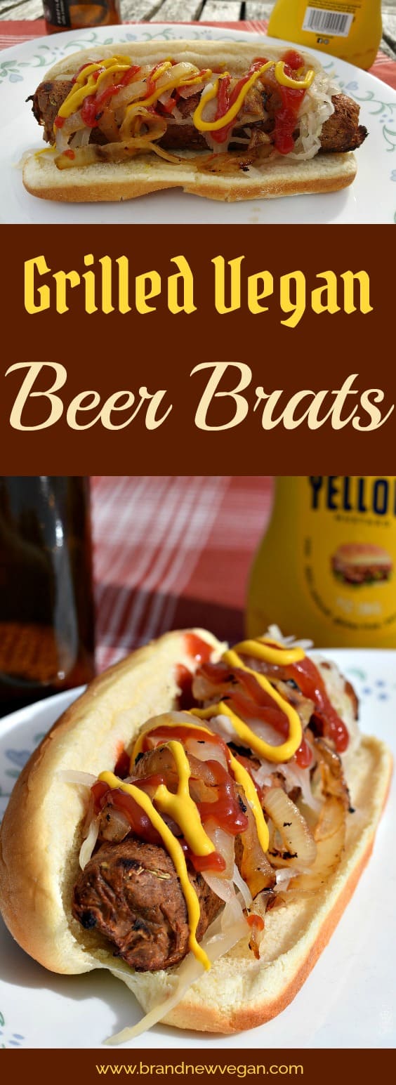 Get your Vegan Beer Brats! Hot off the grill. Completely fat-free these Vegan Beer Brats have amazing favor and hold up very well on the grill. Perfect for summertime BBQs!