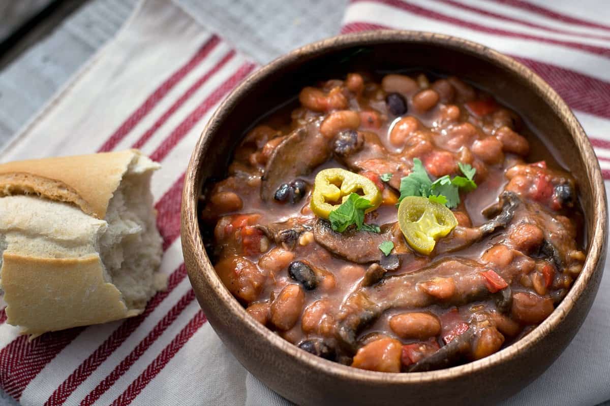 vegan bean with mushroom bacon soup