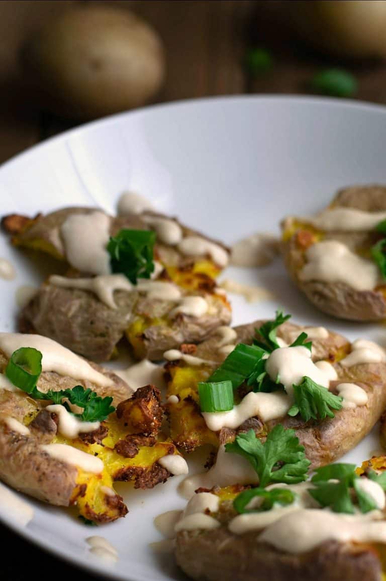 Smashed Potatoes with Vegan Garlic Aioli Brand New Vegan