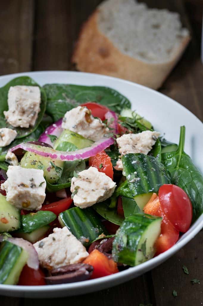 Vegan Greek Salad with Oil-Free Dressing and Tofu Feta