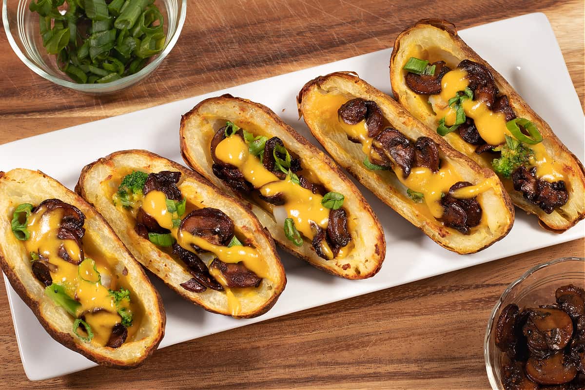 vegan potato skins with vegan cheese and bacon