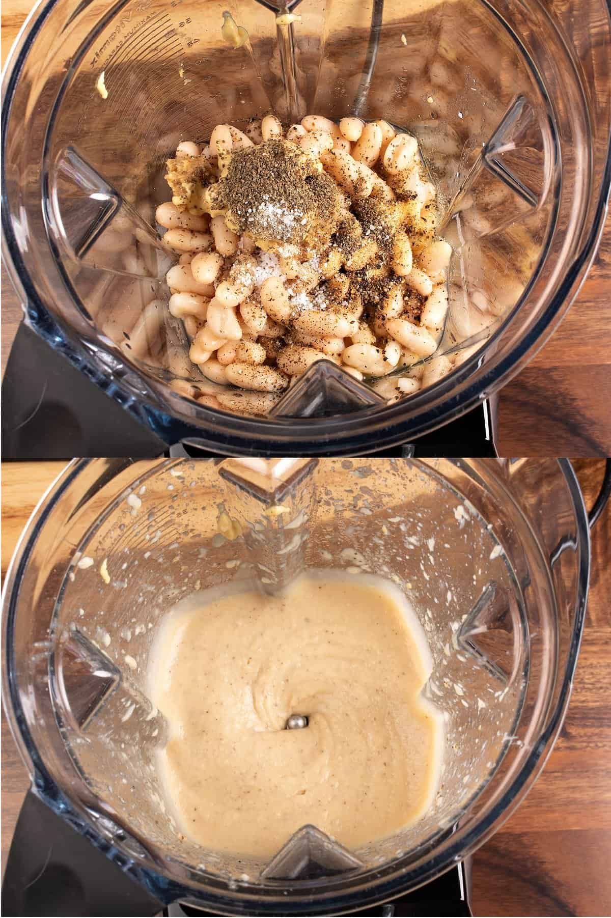 two photos showing white beans and seasonings inside a blender