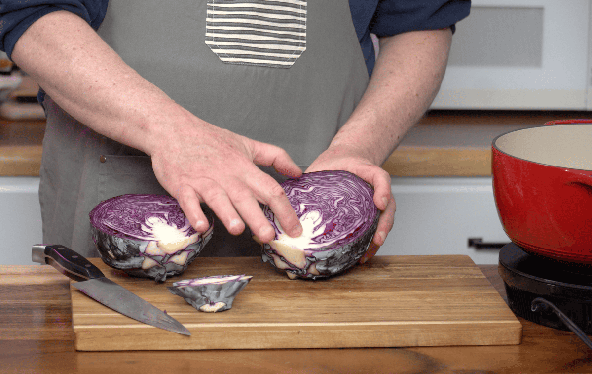 showing the core of 2 halves of red cabbage