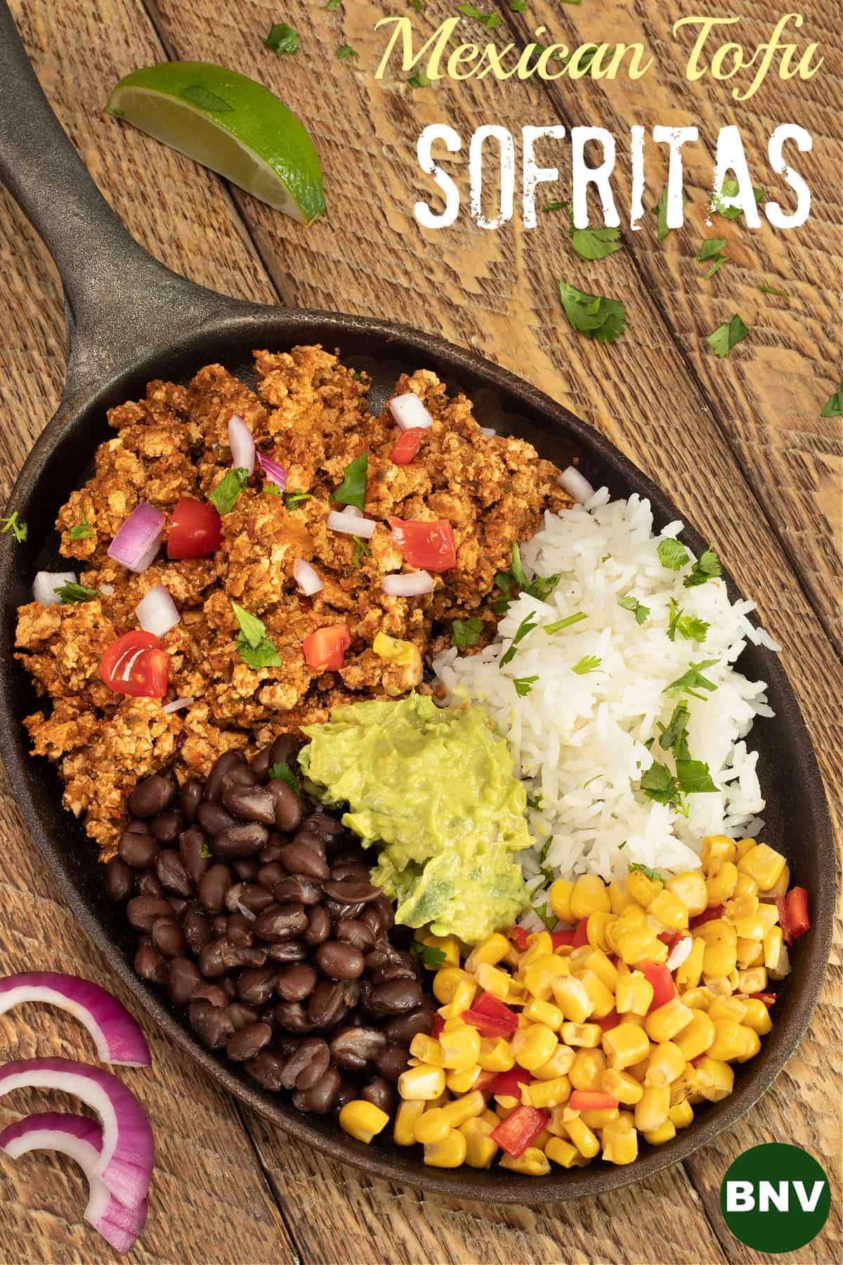 mexican tofu sofritas with black beans, rice, fire-roasted corn. and guacamole