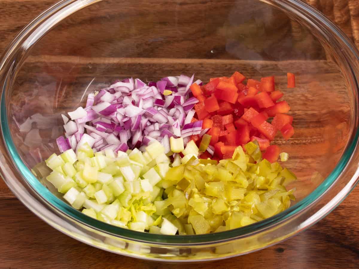 chopped veggies used in vegan potato salad
