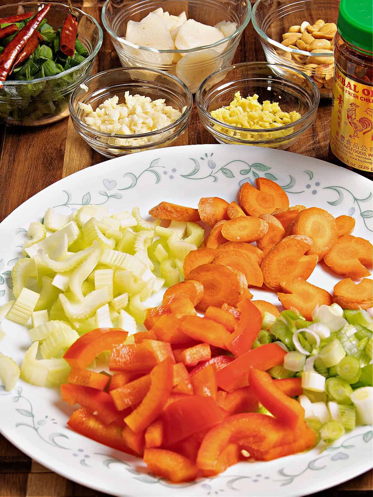 Kung Pao cauliflower veggies, all chopped and prep'd.