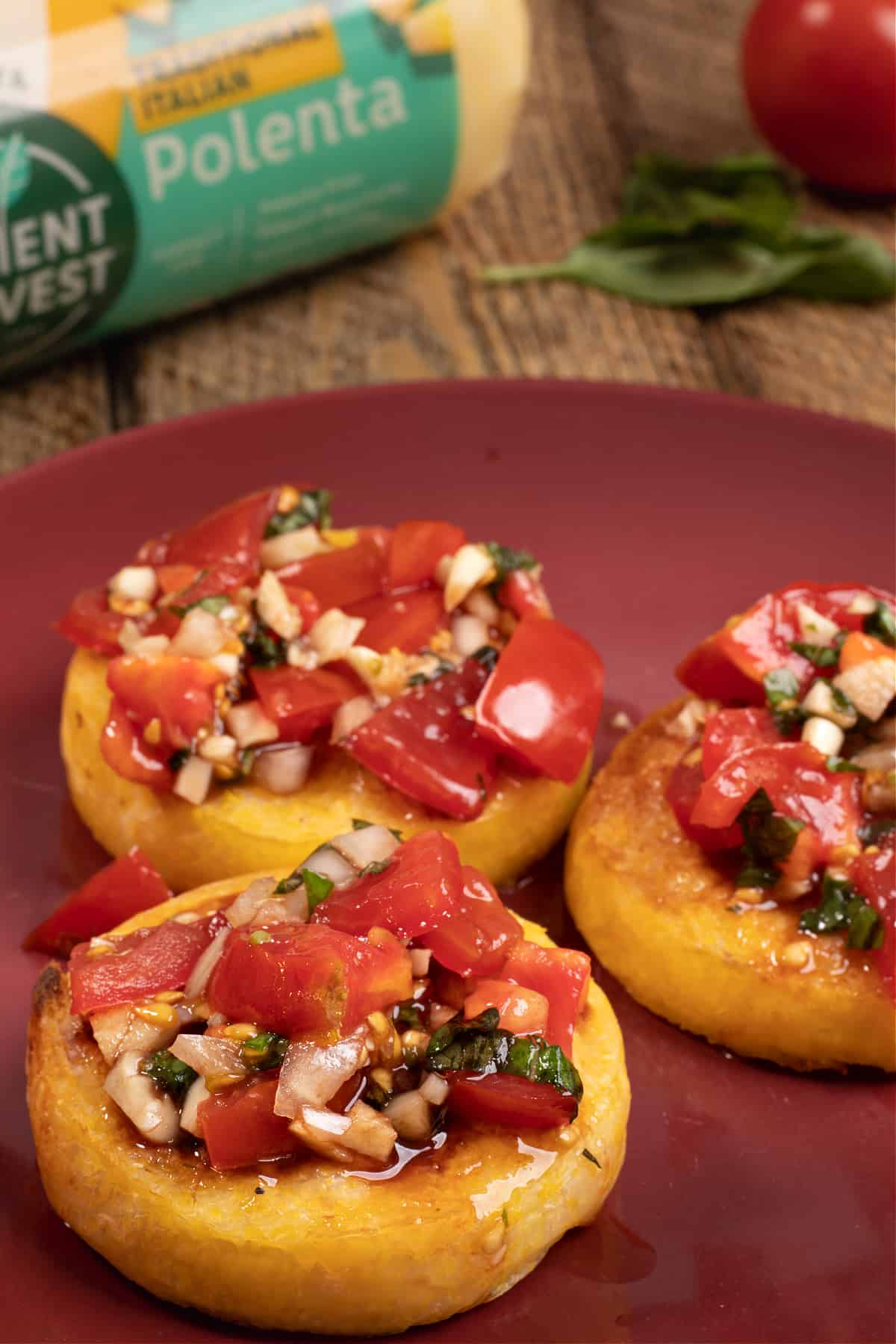 polenta rounds topped with bruschetta