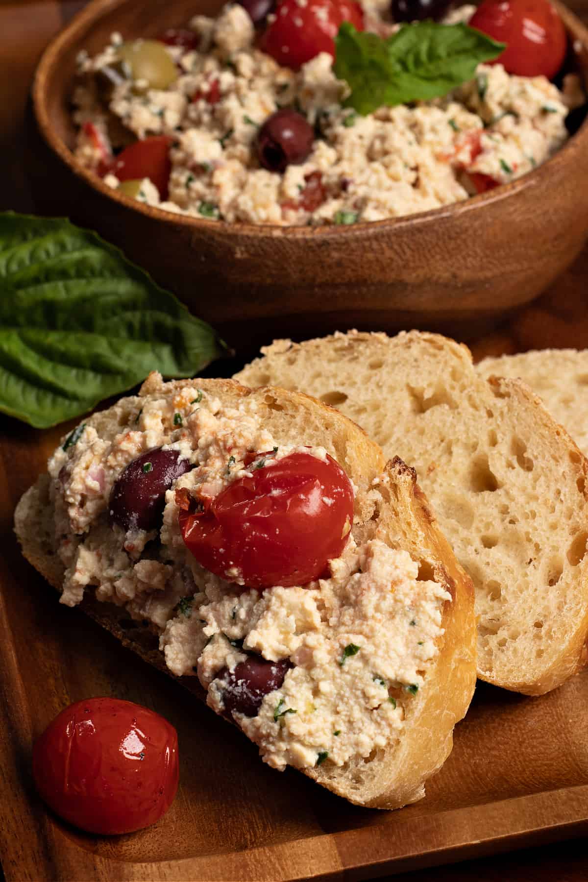 slices of French bread spread with vegan tofu ricotta