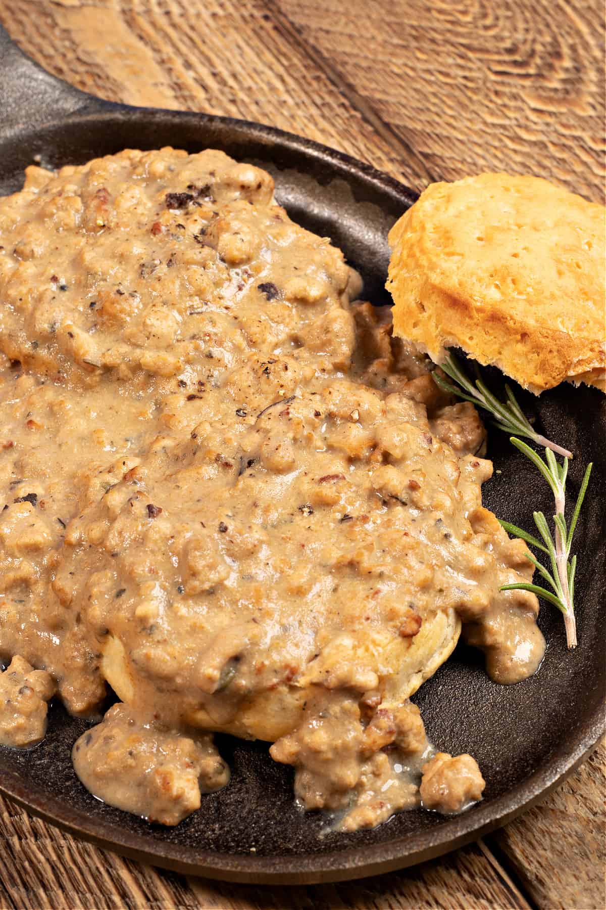 iron skillet with vegan biscuits and gravy