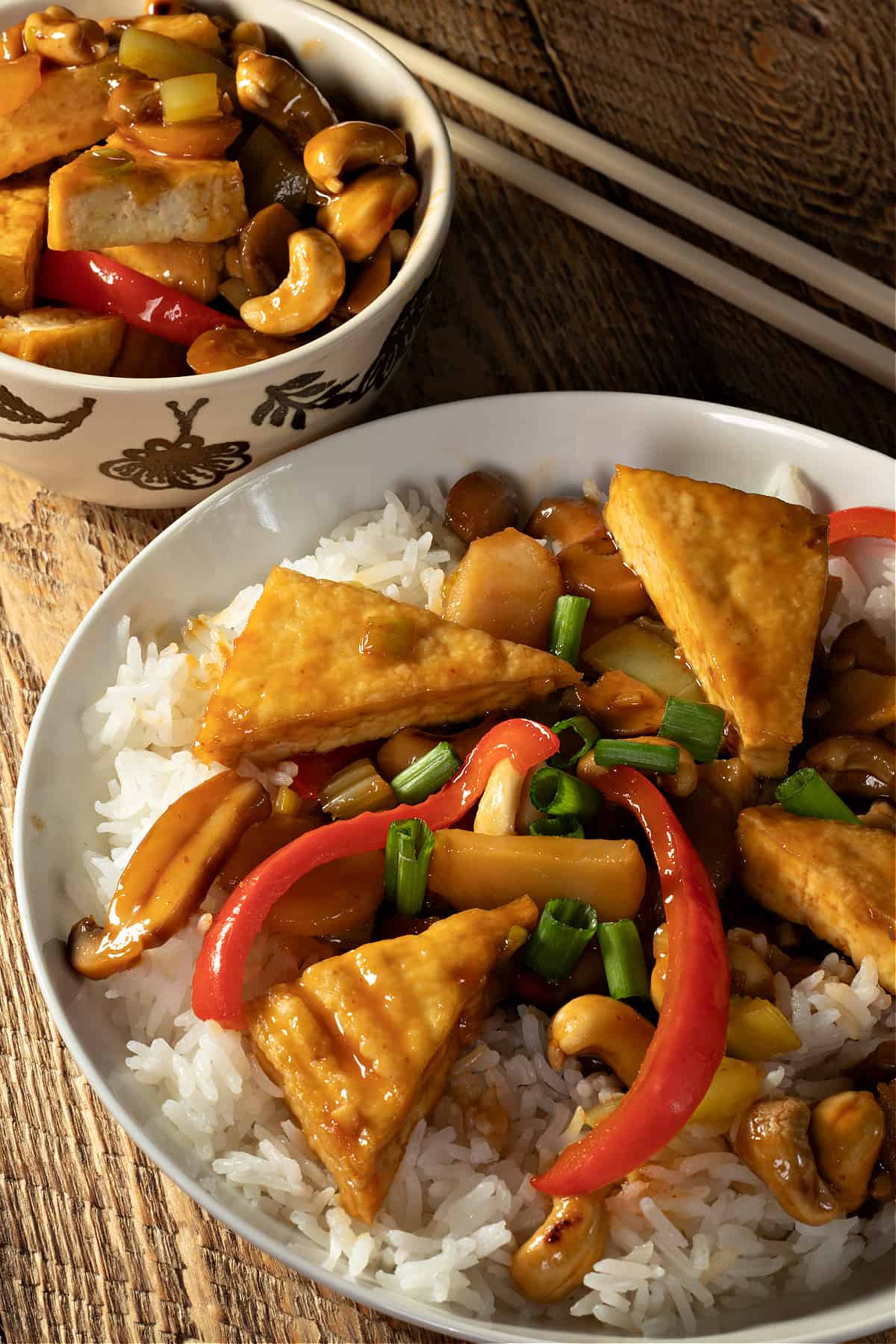 vegan cashew chicken over rice