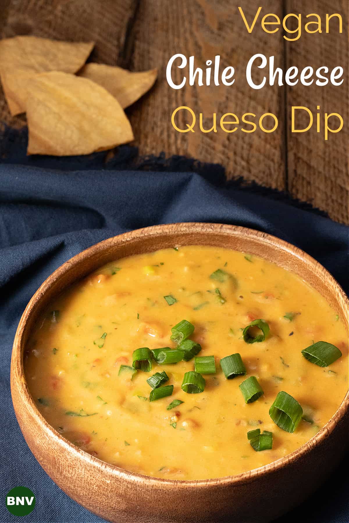 bowl of vegan chile cheese dip and chips