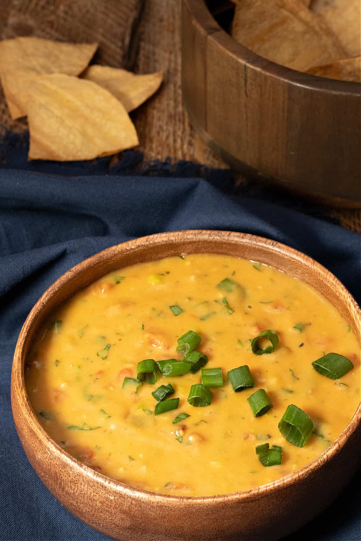 A bowl of vegan Chile cheese queso and chips
