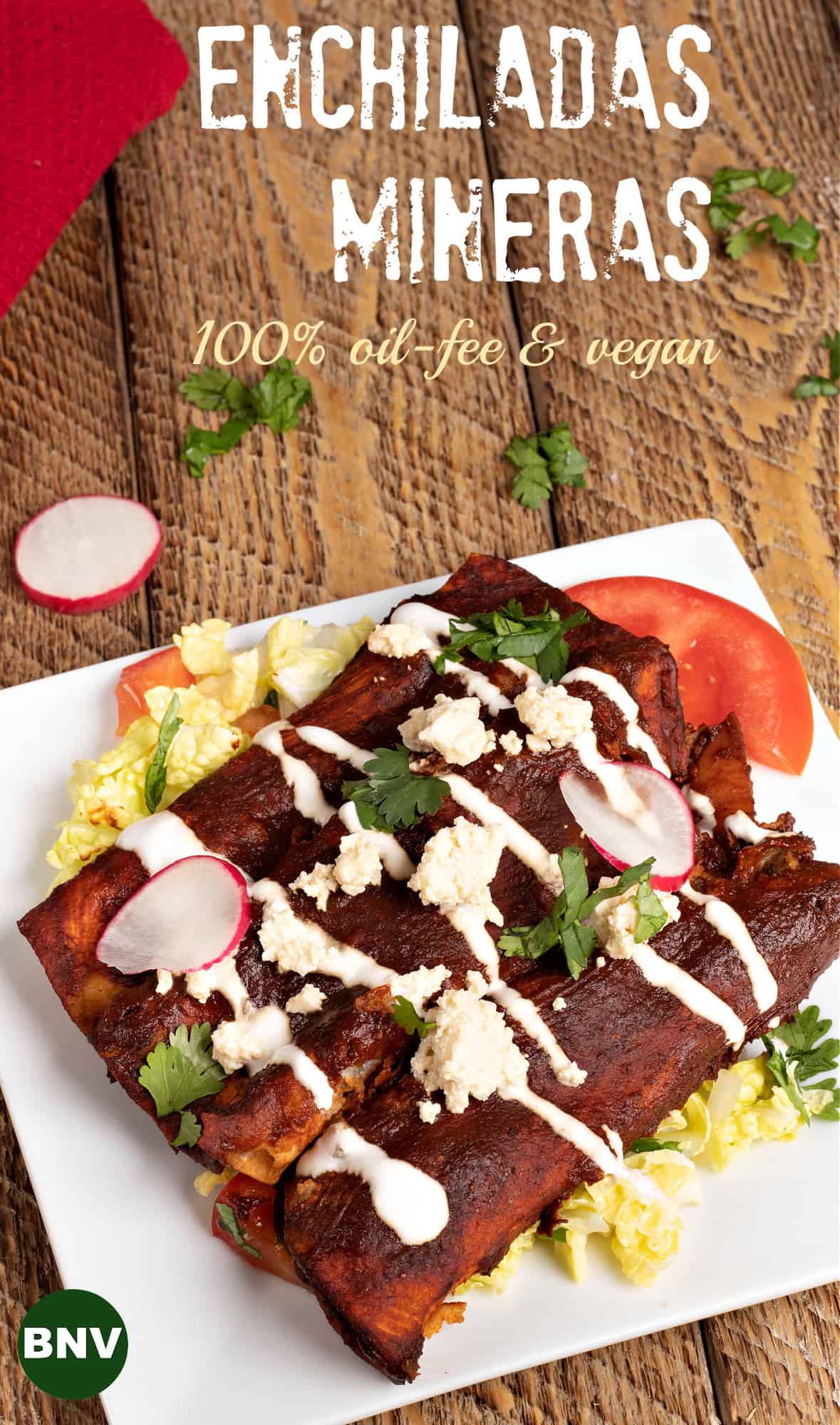 pinterest photo of 3 vegan enchiladas mineral sitting on a bed of cabbage slaw with the words ENCHILADAS MINERAS 100% oil-free & vegan
