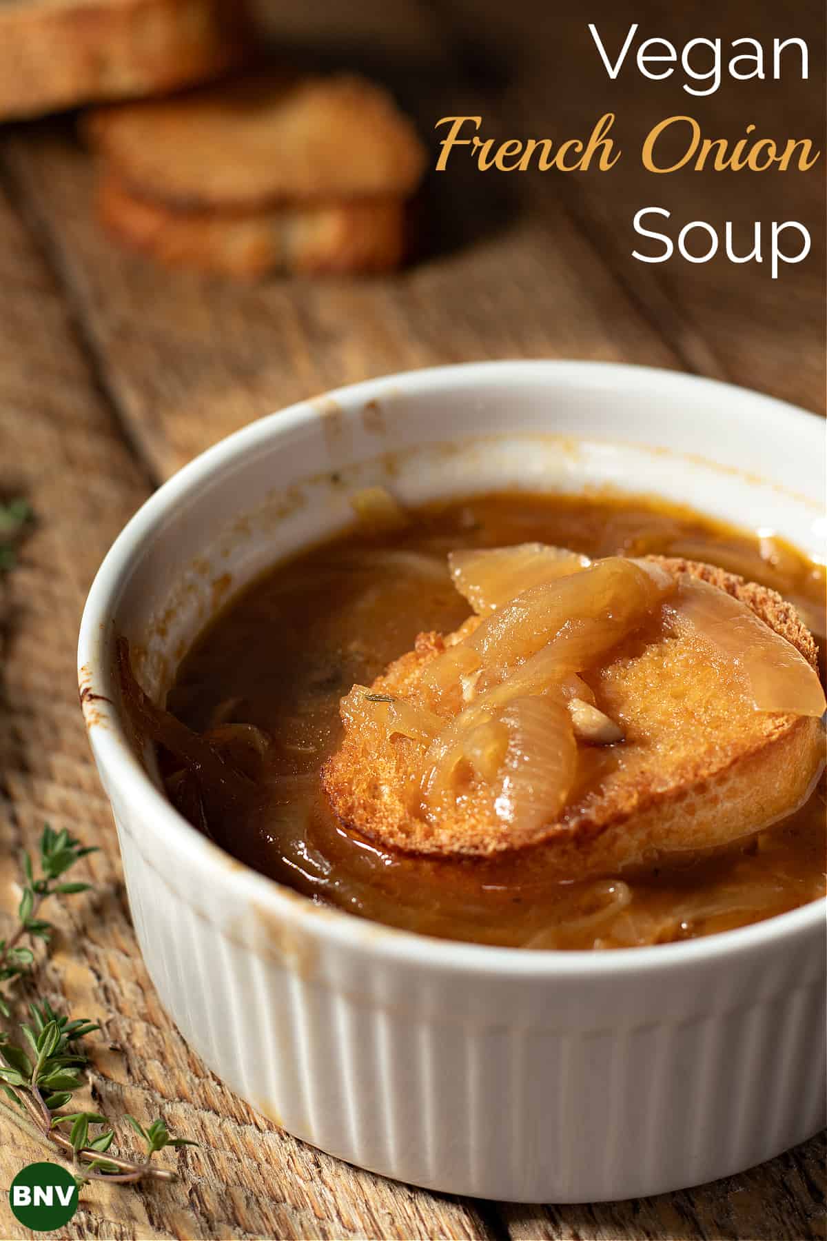 A bowl of vegan French onion soup