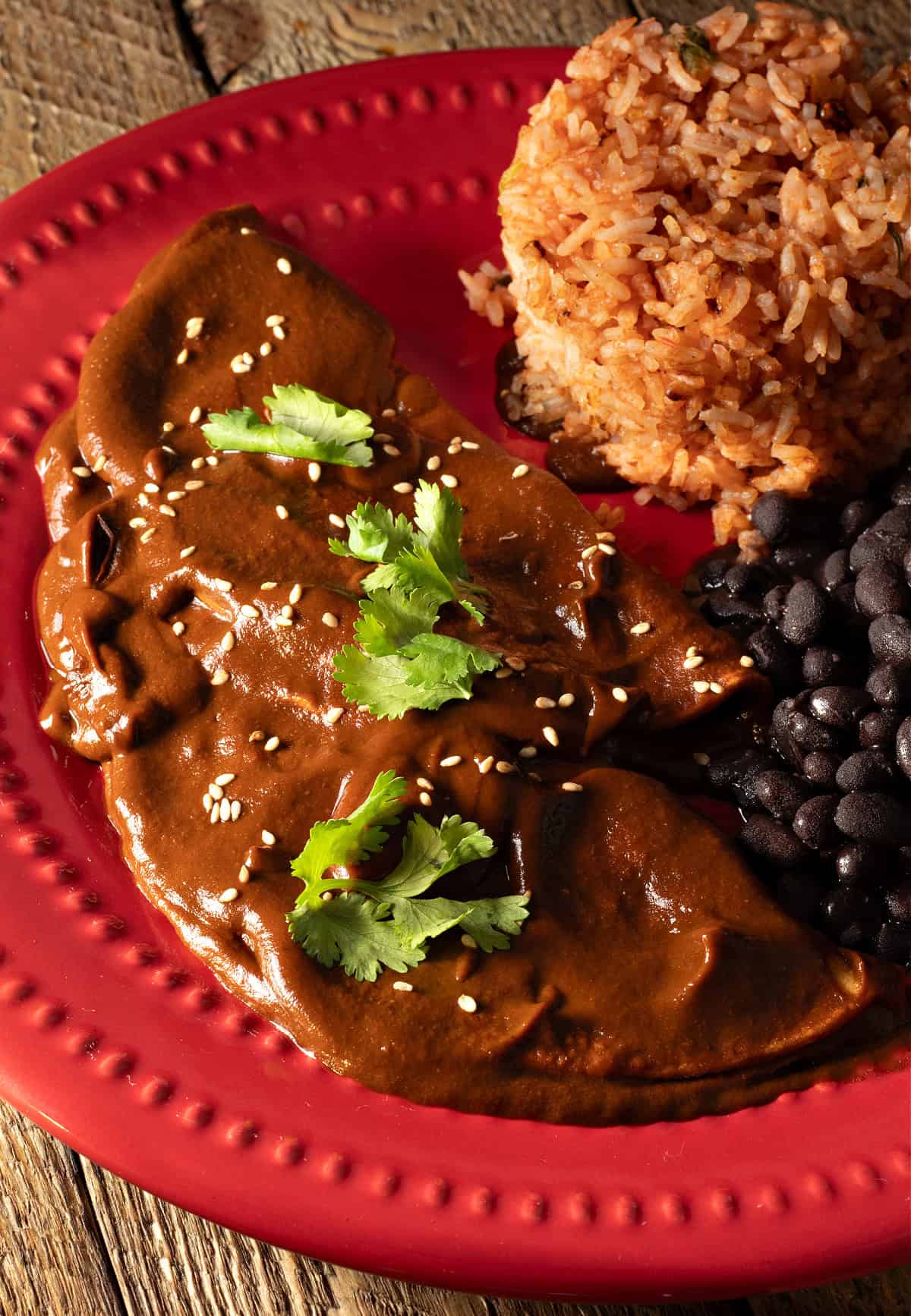 plate of beans, rice, and tortillas with vegan mole poblano