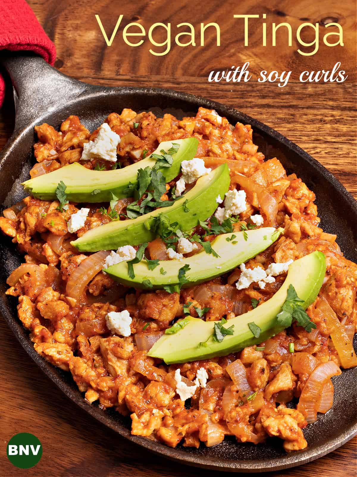 Pinterest photo of my vegan soy curl tinga with avocado slices